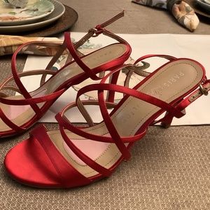 Paris Hilton red silk strappy heels, size 7.5